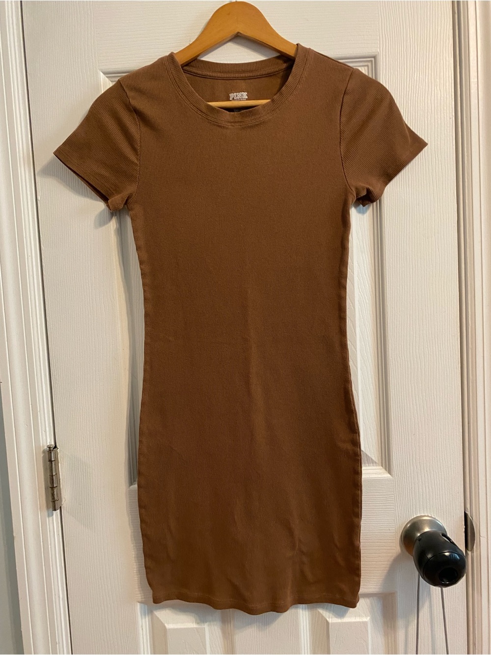 🤎🩷 VS PINK RIBBED SUMMER DRESS T-SHIRT DRESS BROWN STRETCHY SIZE SMALL